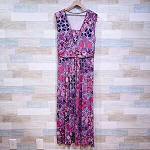 Garnet Hill Soleil Maxi Jersey Dress Purple Medallion Print Sleeveless Womens XL